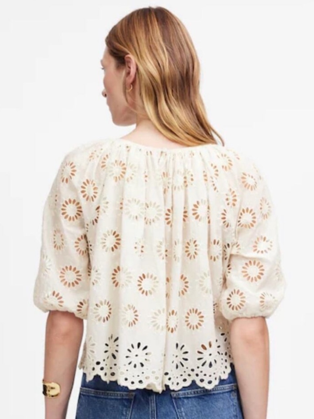 Madewell Eyelet Embroidered Floral Eyelet Shirred Puff-Sleeve Top in Cream - Picture 3 of 11